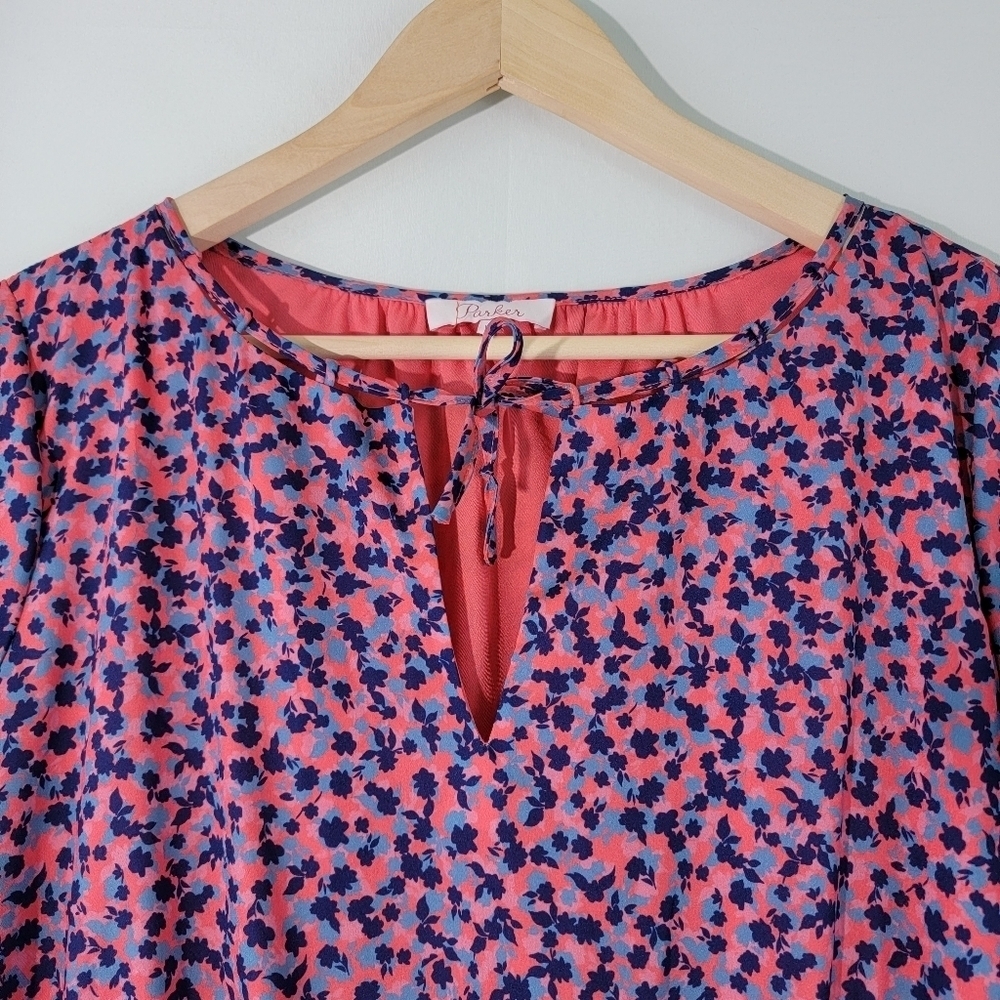 Parker Women Pink/Navy Floral Mini Dress Sz L Cottagecore Boho Praire Party - Picture 3 of 12